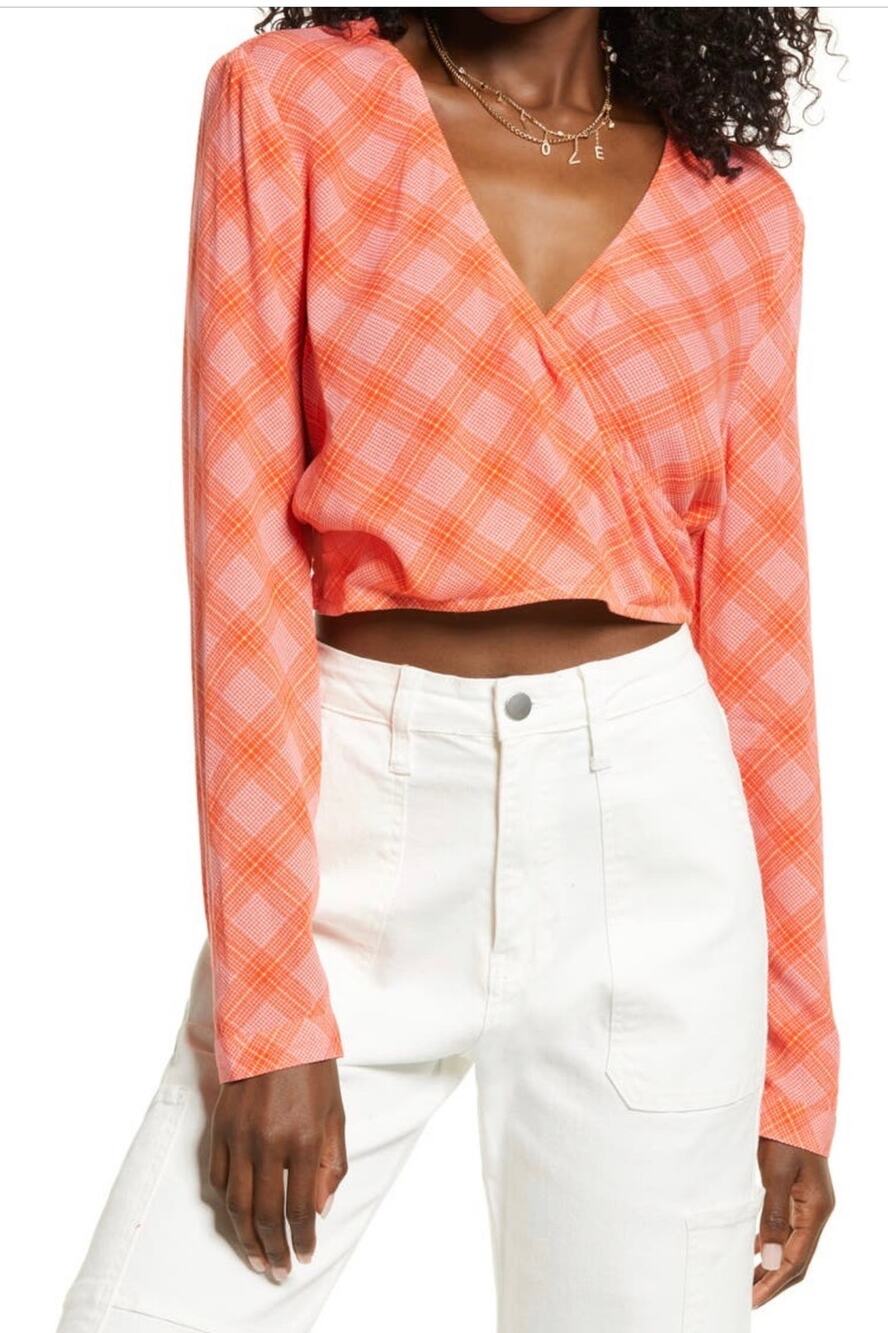 Nordstroms Bias Plaid Surplice V-Neck Crop Top Pink & Red Women's M NWT